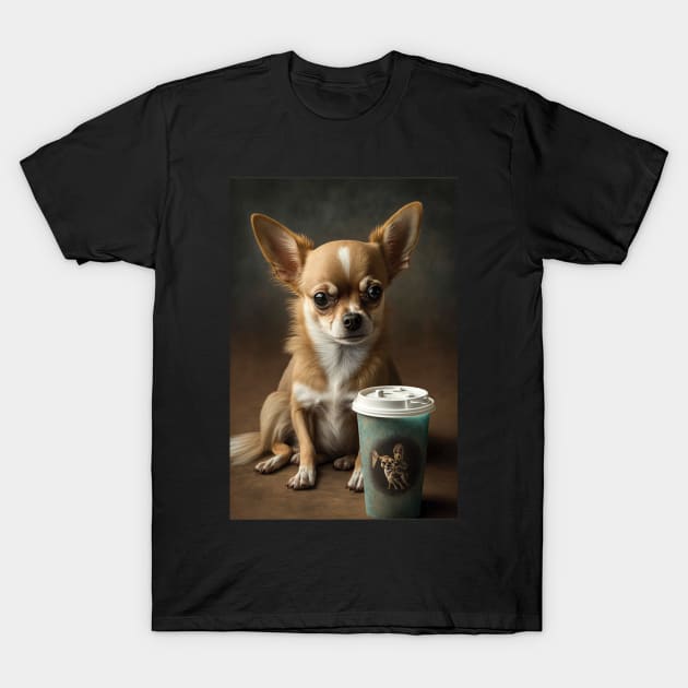 Tired Chihuahua with Coffee Print T-Shirt by PixelProphets